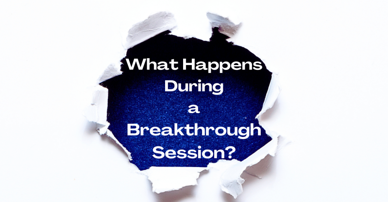 ilmage of a big torn hole in a thick white piece of paper revealing sparkling dark blue background, with the words: What Happens During a Breakthrough Session? 