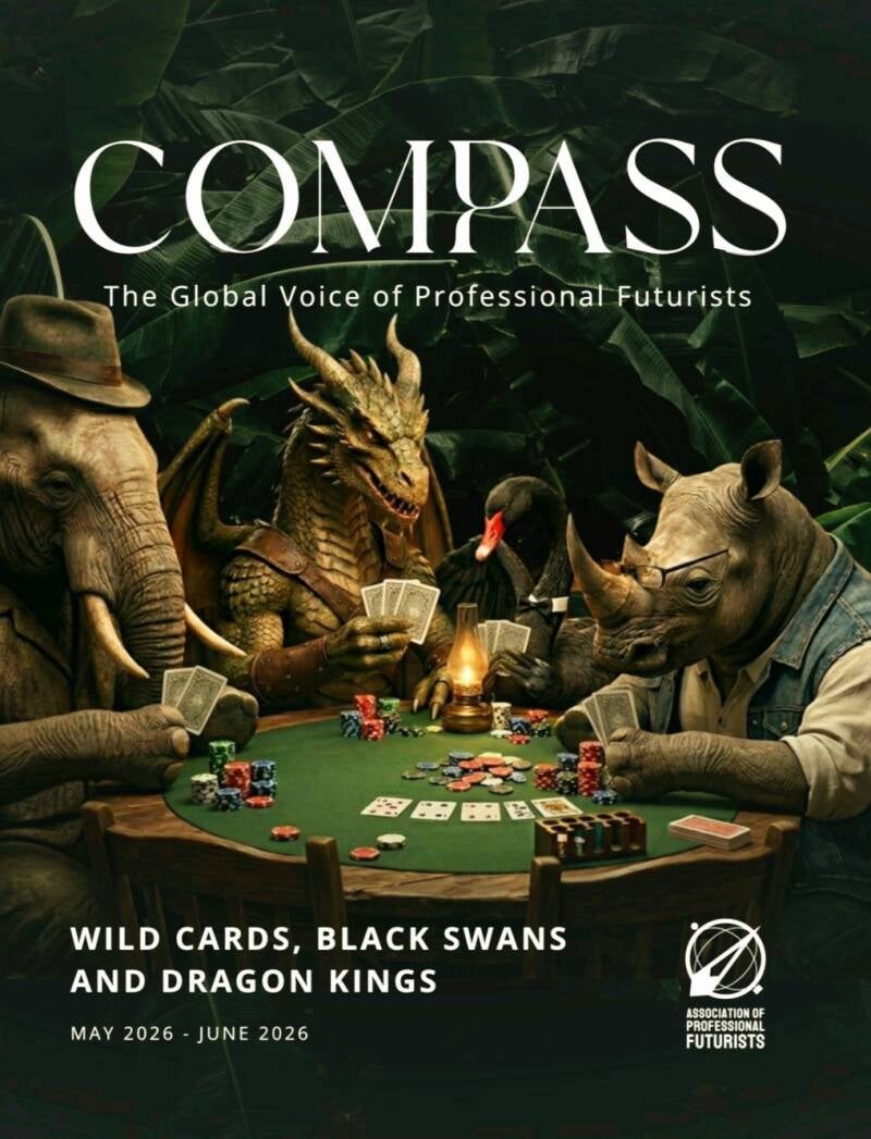 cover artwork for the special issue of COMPASS magazine, for the Association of Professional Futurists, in May/June 2026,. Theme: WILD CARDS, BLACK SWANS, AND DRAGON KINGS