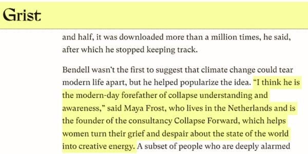 screenshot of quote by Maya Frost, founder of Collapse Forward, in Grist magainze for the article, What To Expect When You´re Expecting The End of the World by Kate Yoder