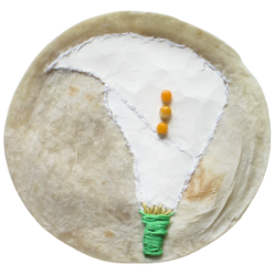 Photo of a fresh round tortilla embroidered in the shape of a calla lily, with white flour for the petals, corn kernals for the stamens, green stitching for the base of the flower.  Part of her Cucian Tradicional series of 12 art tortillas.