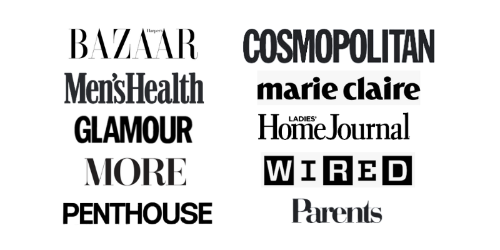 illustration of the logos of various magazines that featured Maya Frost´s mindfulness work: Bazaar, Cosmopolitan, Menś Health, Marie Claire, Glamour, Ladies´ Home Journal, MORE, Wired, Penthouse, and Parents