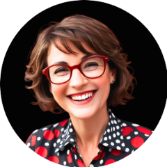 Photo of a lovely smiling white woman, late 40s, with brown hair parted on the side and bangs. Wearing brown-framed glasses and a black color shirt with white and red polka dots.