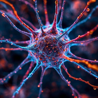 Colorful illustration of a complex interconnected cell structure.