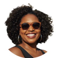 Photo of a black woman, smiling, wearing sunglasses and a tank top, wavy dark hair parted on the side.