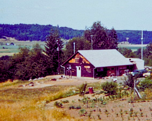 Photo of a two-care garage with peaked roof on a clearing with a vegetable garden behind it and a view of a green valley below it. Gaston, Oregon.