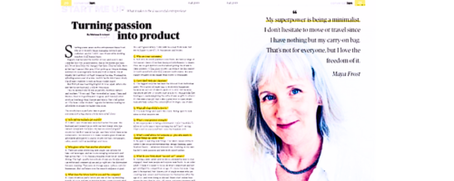 Copy of a two-page spread in ION Magazine in 2020 featuring Maya Frost and her role as a creative strategist for a comapny.