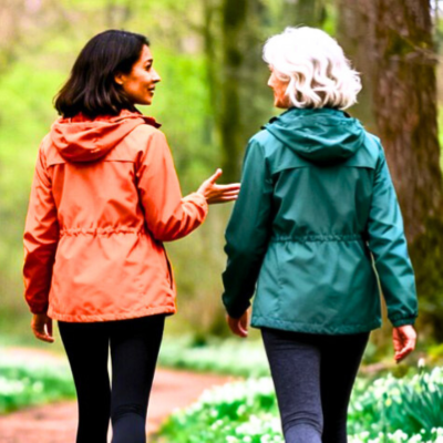 Photo, rear view of two women walking in the woods and talking. One has dark hair, wears an orange rain jacket, and is gesturing toward another woman, who has white wavy hair, wearing a rain green jacket.