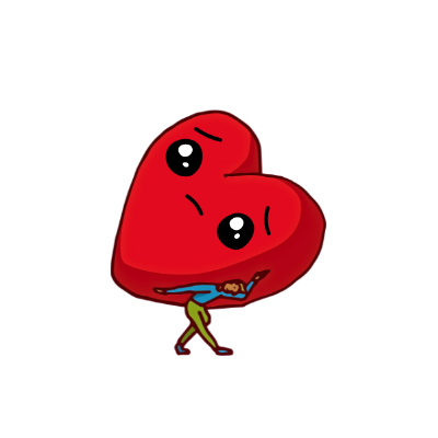 Illustration of a huge cartoon heart with a sad face, carried on someon's back.