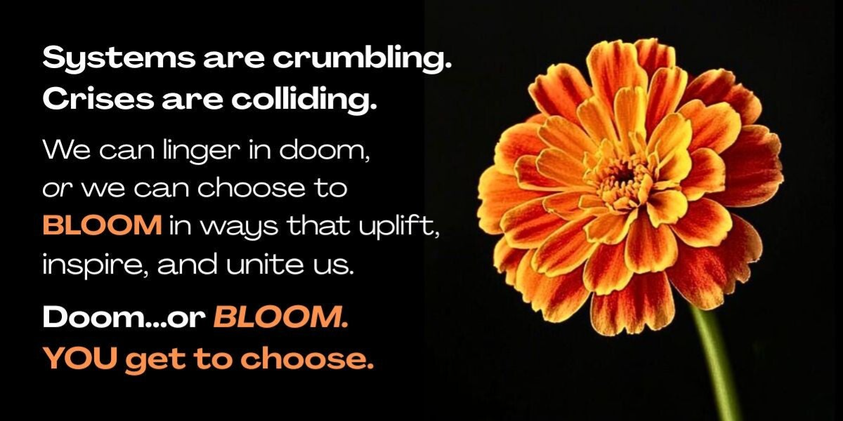 Graphic with white and orange text on black background Systems are crumbling. Crises are colliding. We can linger in doom, or we can choose to BLOOM in ways that uplift, inspire, and unite us. Doom...or BLOOM. YOU get to choose.