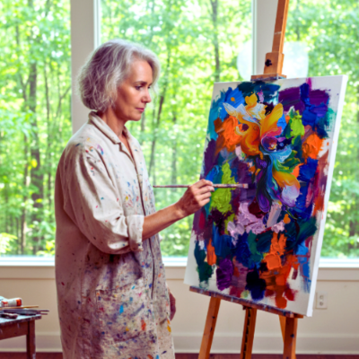 Maya Frost standing in front of an easel wearing a paint-spattered smock and painting a colorful abstract painting.