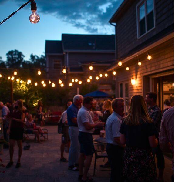 photo of a group of people talking and laughing in a suburban backyard at dusk with strings of patio lights overhead
