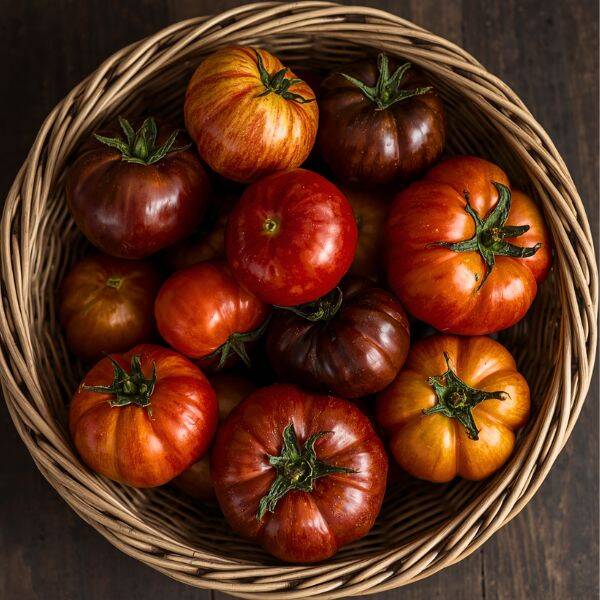 basket of heirloom tomatoes grown my Maya Frost´s client