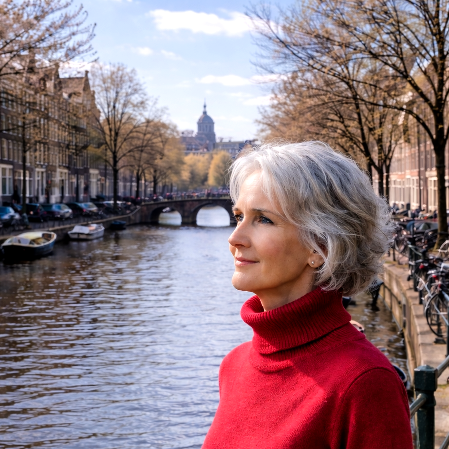 photo of Maya Frost, founder of Collapse Forward, creator of Collapse Companioning, and human adaptation and resilience expert, wearing a red sweater, with a canal scene in Amsterdam behind her. 