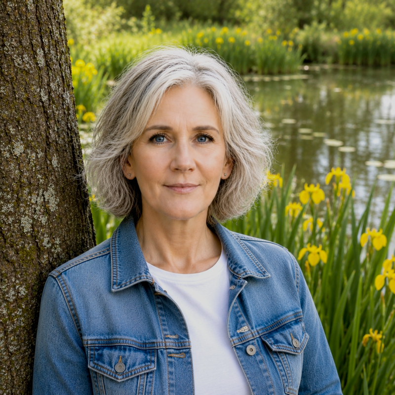 photo of Maya Frost, founder of Collapse Forward, standing next to a pond with blooming yellow irises in spring in Amsterdam.
