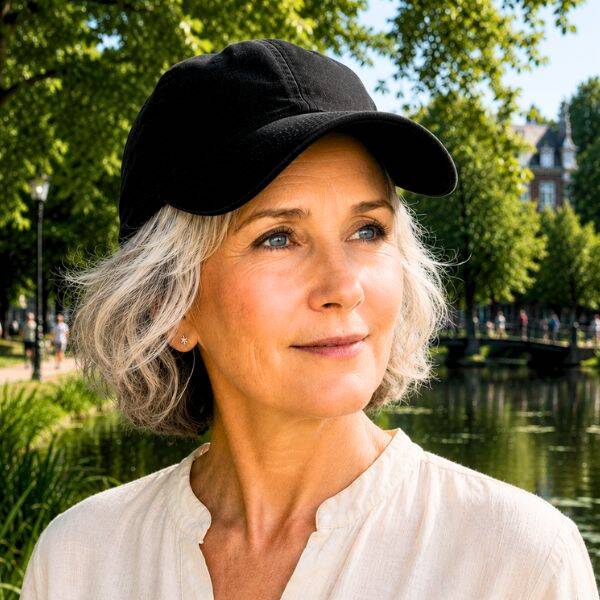 Maya Frost, founder of Collapse Forward, wearing a black baseball cap and linen blouse, in a park with a pond and trees in the background