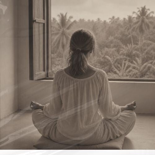 Maya Frost, sitting in meditation in Sri Lanka, in 1982 as a young student of Buddhist philosophy