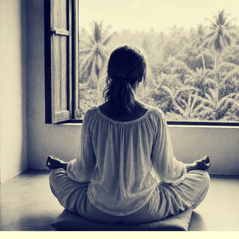 photo of Maya Frost, sitting in meditation in Sri Lanka, in 1982 as a young student of Buddhist philosophy