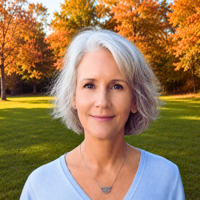 photo of Maya Frost standing in a park on green grass with fall foliage in the background