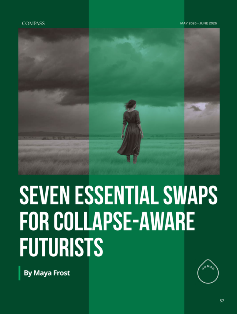 cover artwork for article by Maya Frost, founder of Collapse Forward, eentitled: Seven Essential Swaps For Collapse-Aware Futurists, in May/June issue of COMPASS magazine for Association of Professional Futurists