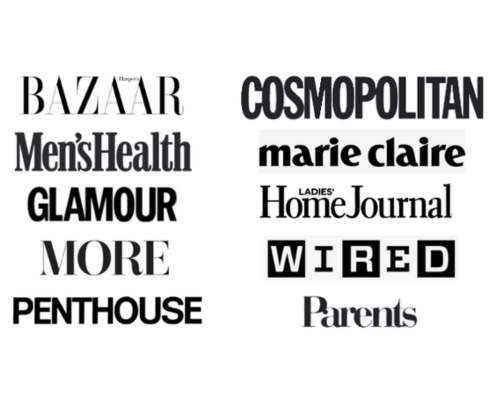 graphic of multiple press logos of global media outlets that featured Maya Frost's mindfulness technique, , including Bazaar, Men;s Health, Glamour, MORE, Penthouse, Cosmopolitan, marie claire, Ladies Home Journal, WIRED, and Parents