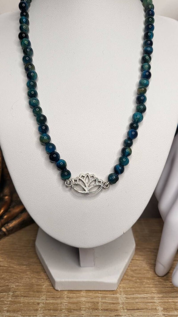Parure en Œil de Tigre bleu/vert 8mm Modifié - Fleur de Lotus