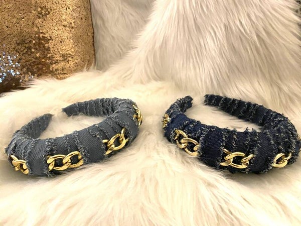 Denim Fabric Gold Chain Headband