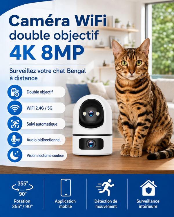 Caméra de sécurité Tuya WiFi 5G double objectif – 4K 8MP, suivi automatique et vision nocturne couleur