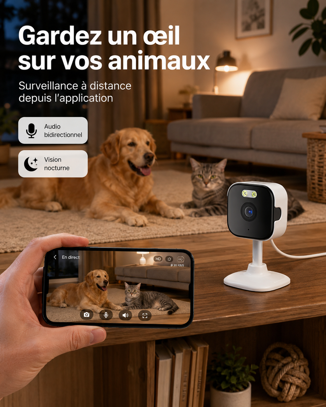 Caméra WiFi HD 5MP pour animaux – Vision nocturne, audio bidirectionnel et détection humaine