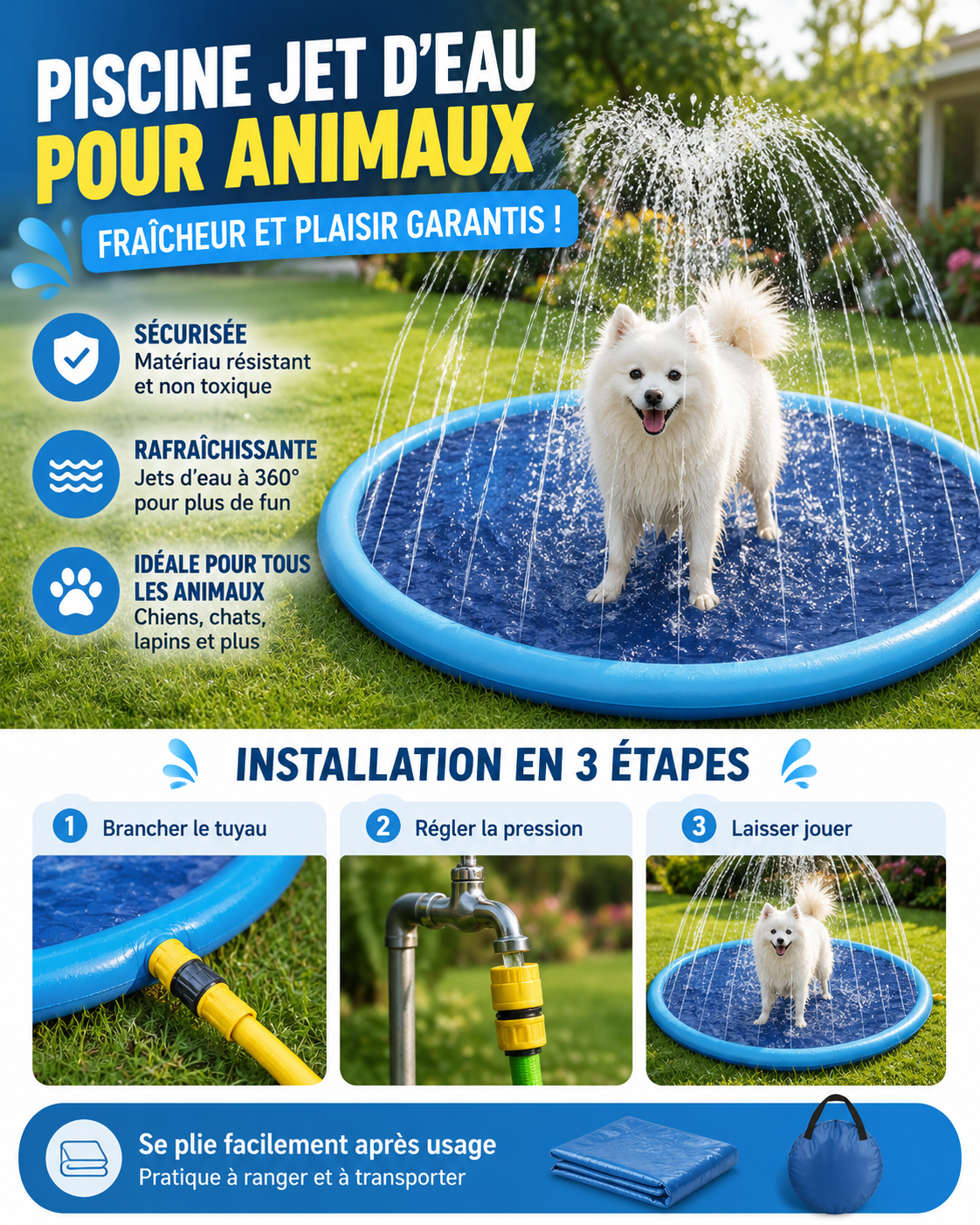 Tapis Aquatique à Jets pour Chien – Fontaine Rafraîchissante Antidérapante pour Jardin, 3 Tailles
