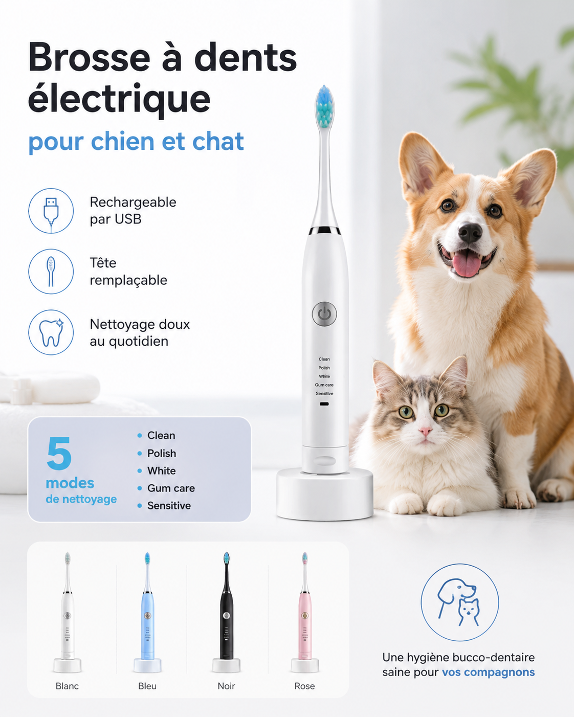 Brosse à dents électrique rechargeable USB pour chien et chat – Tête remplaçable