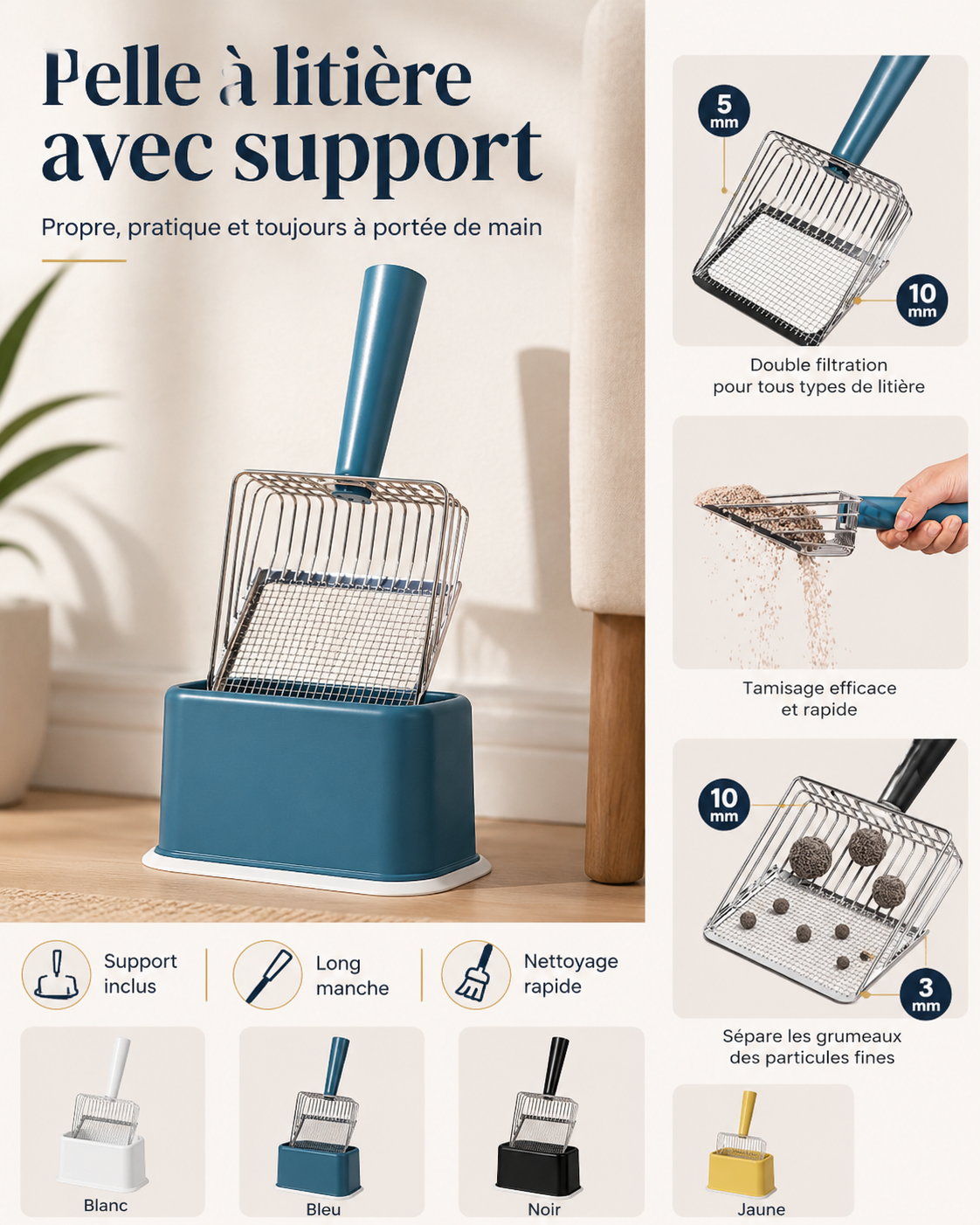 Pelle à litière pour chat avec support – Long manche et tamis intégré