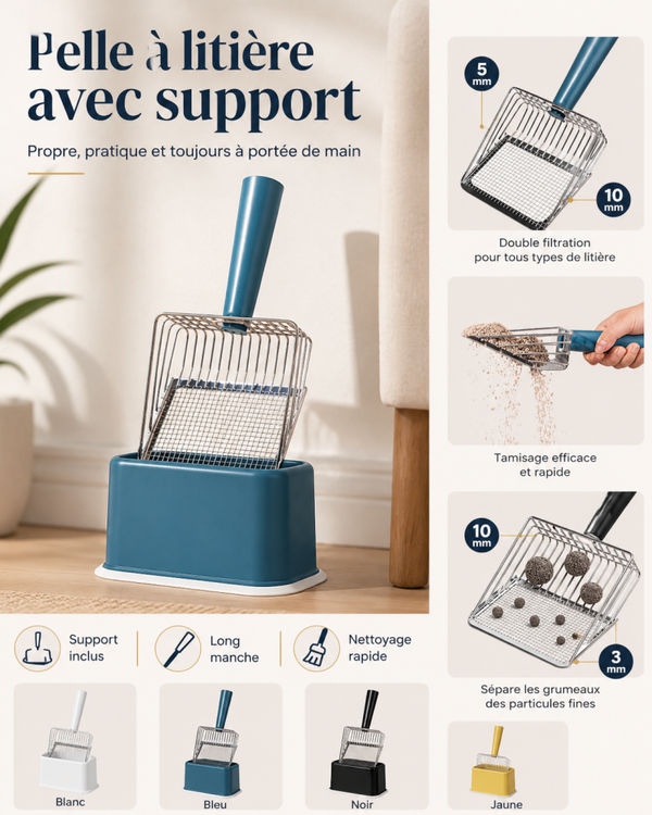 Pelle à litière pour chat avec support – Long manche et tamis intégré