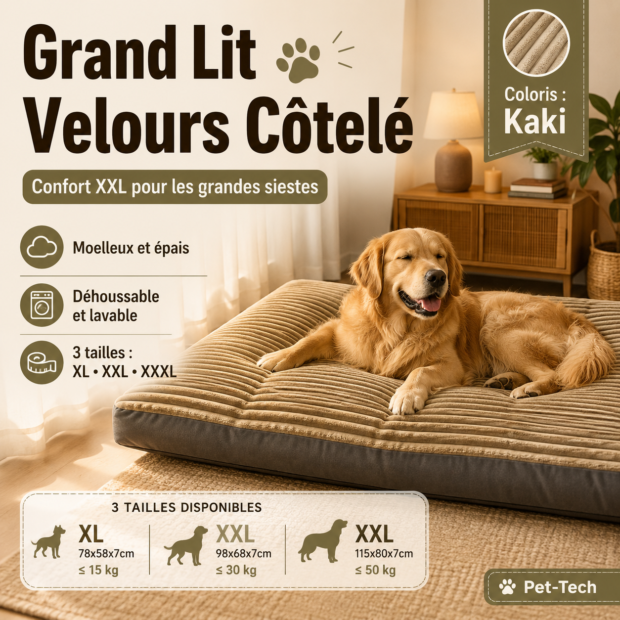 Matelas Grand Chien en Velours Côtelé – Moelleux, Déhoussable Et Lavable