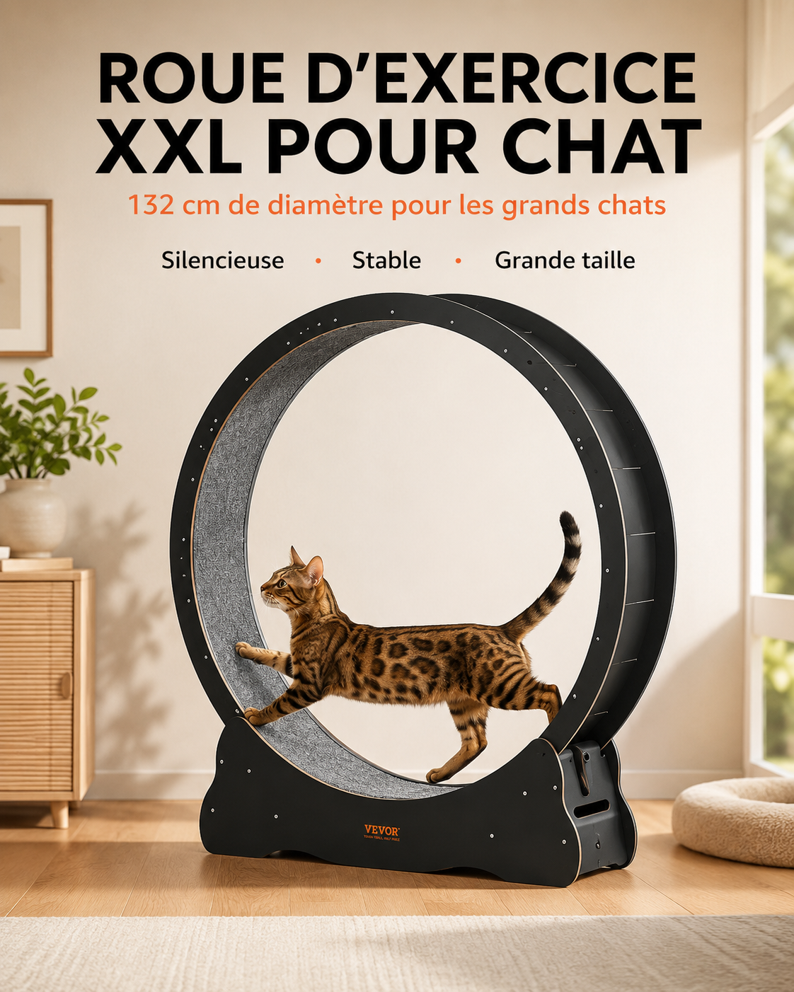 Roue D’Exercice XXL Pour Chat 132 cm Avec Tapis Amovible, Roulement Silencieux Et Verrouillage