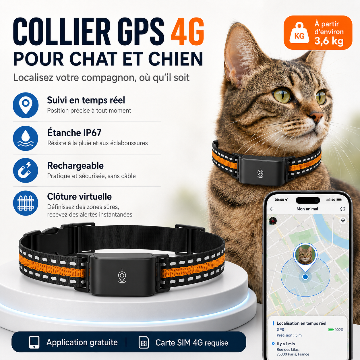 Collier GPS 4G connecté pour chat et chien – Suivi en temps réel, IP67 & anti-perte