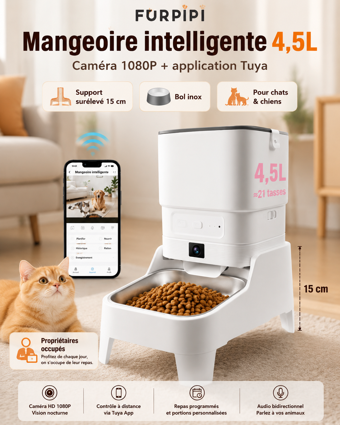 Distributeur automatique de croquettes 4,5L avec caméra 1080P Tuya, mangeoire surélevée 15 cm pour chien et chat