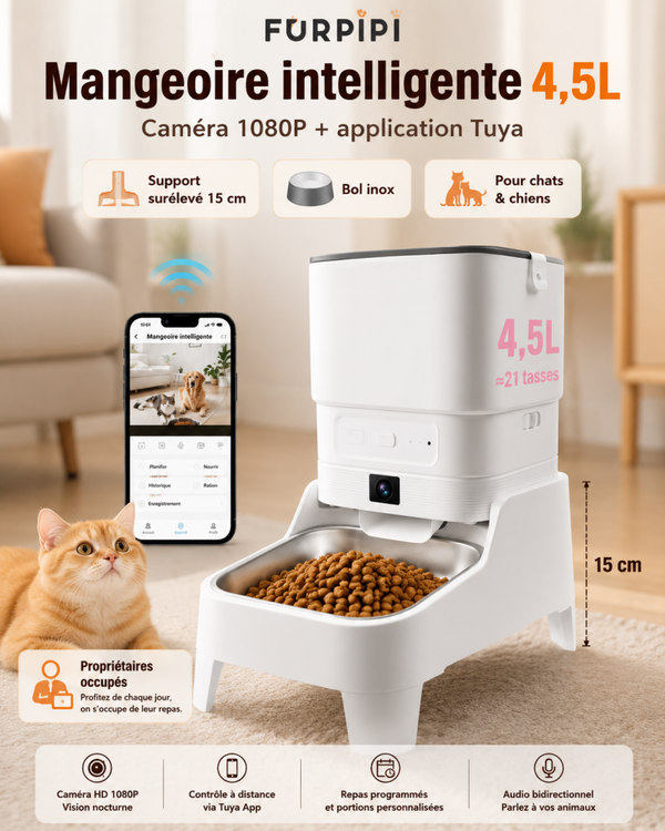 Distributeur automatique de croquettes 4,5L avec caméra 1080P Tuya, mangeoire surélevée 15 cm pour chien et chat