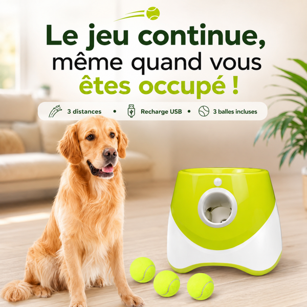 Lanceur de Balles Automatique pour Chien – 3 Distances Réglables 3, 6 ou 9 m – Recharge USB – Jouet Interactif avec 3 Mini Balles de Tennis