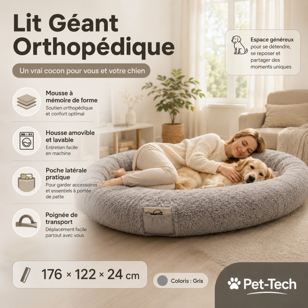 Lit Géant Orthopédique Pour Chien Et Humain – Mousse À Mémoire De Forme, Déhoussable Et Lavable
