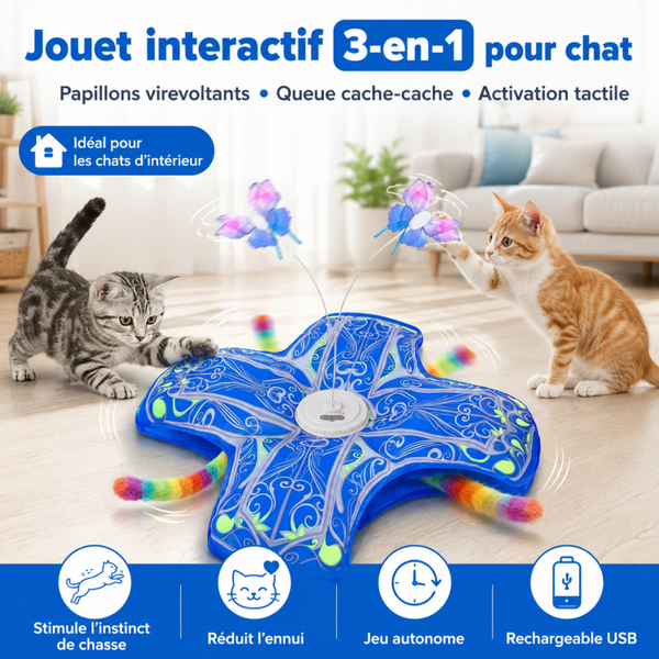 Jouet Interactif 3-en-1 pour Chat – Papillon Virevoltant, Cache-Cache & Activation Tactile – Rechargeable USB