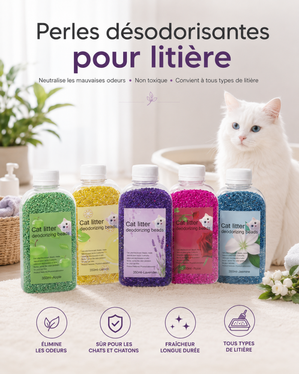 Perles désodorisantes pour litière de chat – Anti-odeurs, parfum frais et non toxique