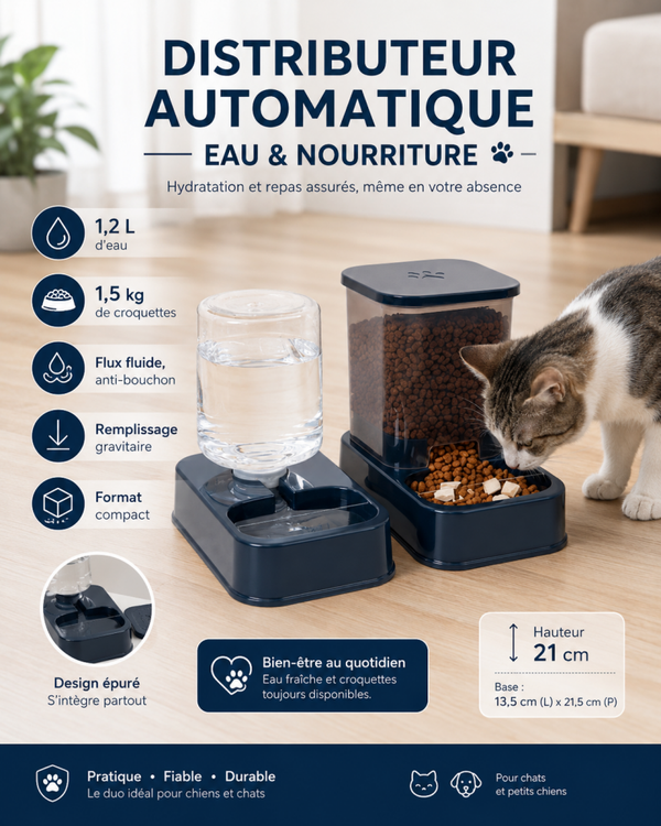 Distributeur automatique d’eau et de croquettes 1,2L/1,5L pour chat et chien, modèle compact à gravité