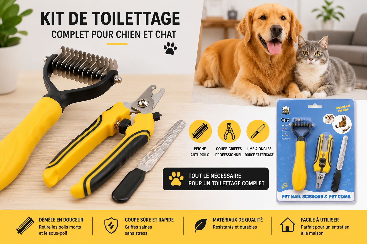 Kit de toilettage professionnel pour chien et chat – Coupe-griffes, peigne & lime