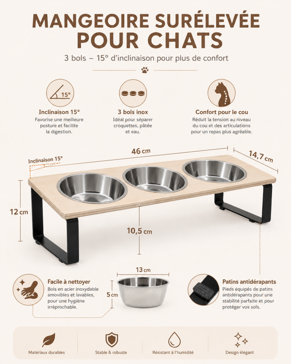 Mangeoire surélevée inclinée 15° pour chat et petit chien – 3 bols inox avec support