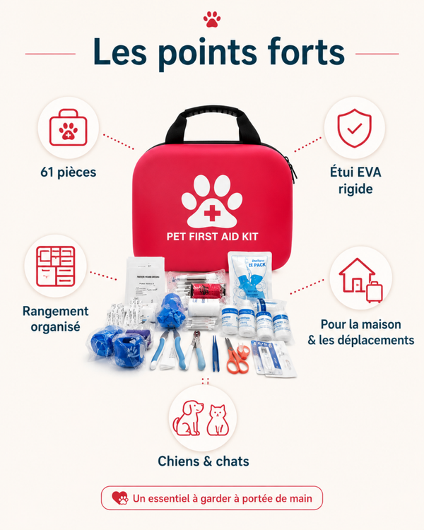 Trousse de premiers secours pour chien et chat – Kit d’urgence portable 61 pièces