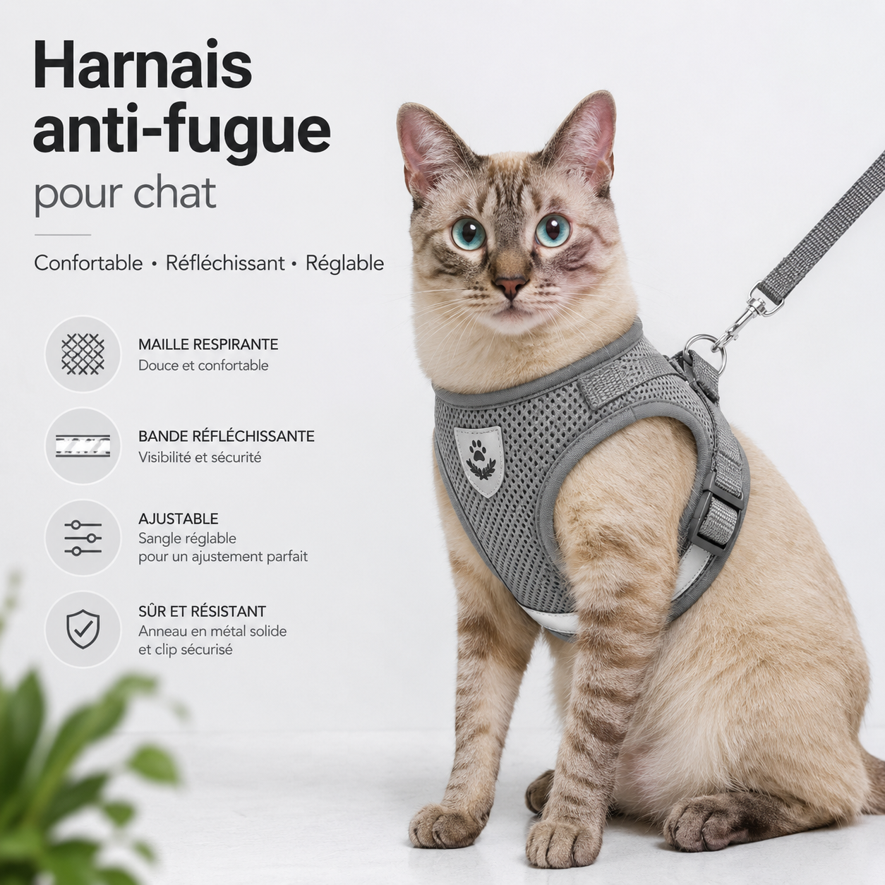 Harnais anti-évasion réfléchissant pour chat avec laisse