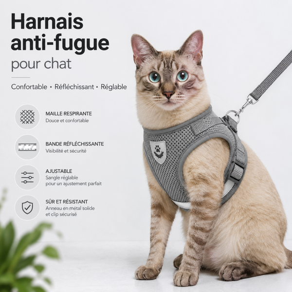 Harnais anti-évasion réfléchissant pour chat avec laisse