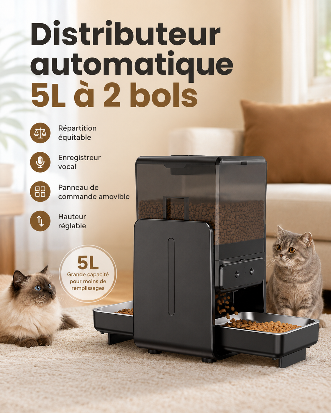 Distributeur automatique de croquettes 5L avec 2 bols, enregistreur vocal et panneau de commande pour chat et chien