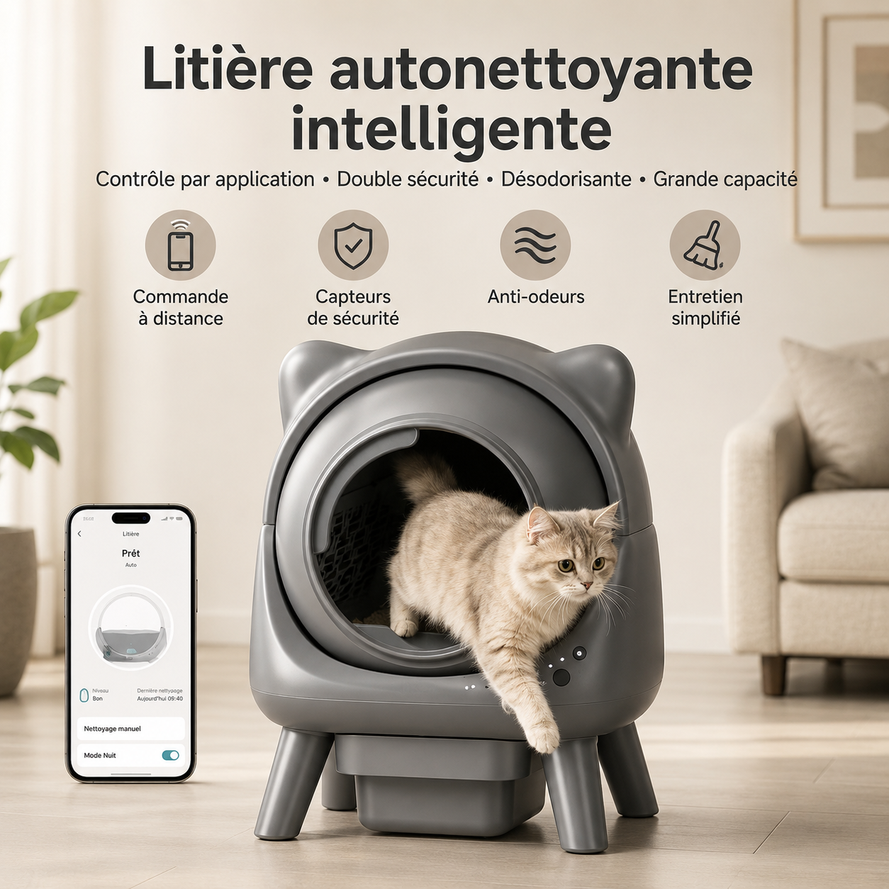 Litière Autonettoyante Intelligente pour Chat – Contrôle à Distance par Application, Double Capteur de Sécurité, Anti-Odeurs, Grande Capacité