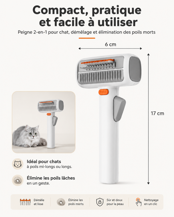 Peigne 2-en-1 pour chat – Démêlage & retrait des poils morts